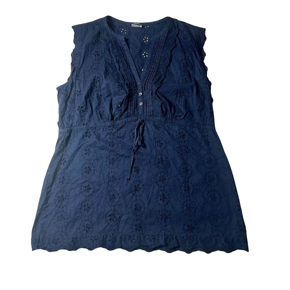 Converse Women Navy Blue Eyelet Lace Sleeveless Tunic Blouse Tie Waist Large